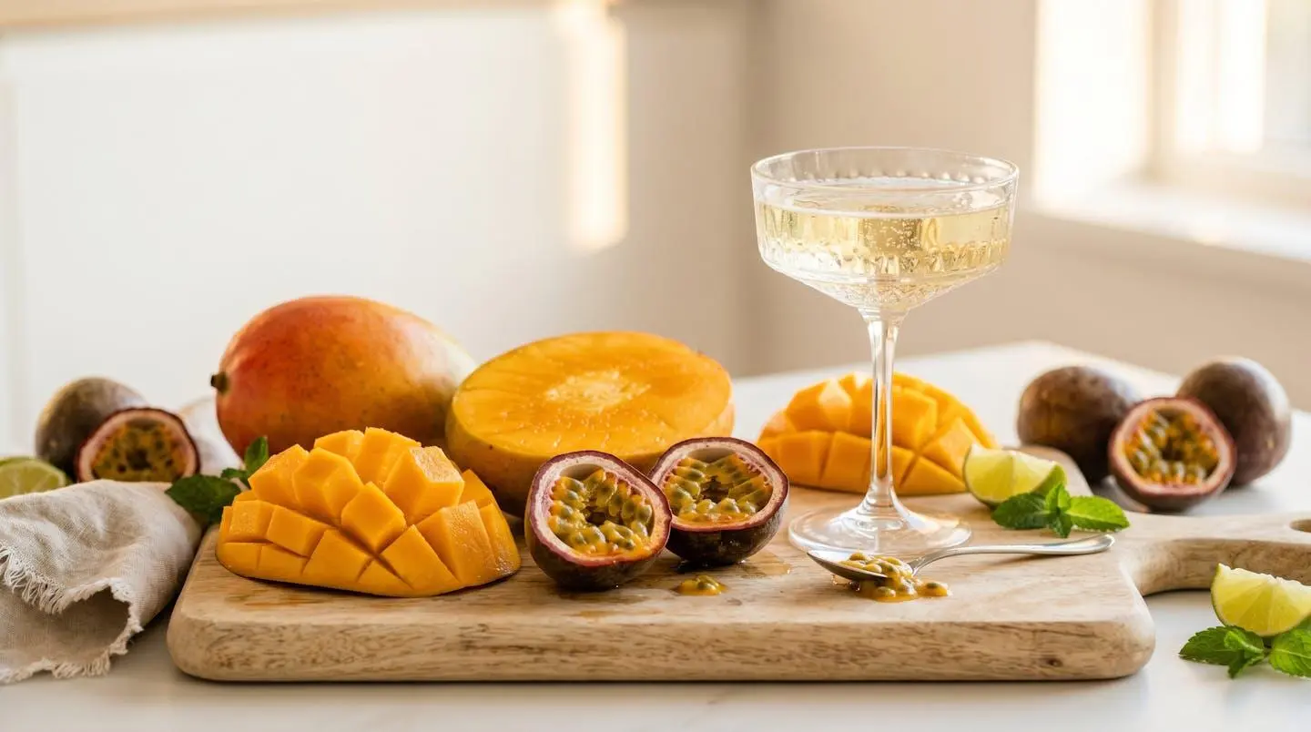 Mangue fraîche tranchée et fruit de la passion ouvert montrant la pulpe disposés sur une planche en bois clair, verre de champagne demi-sec à proximité, lumière naturelle dorée