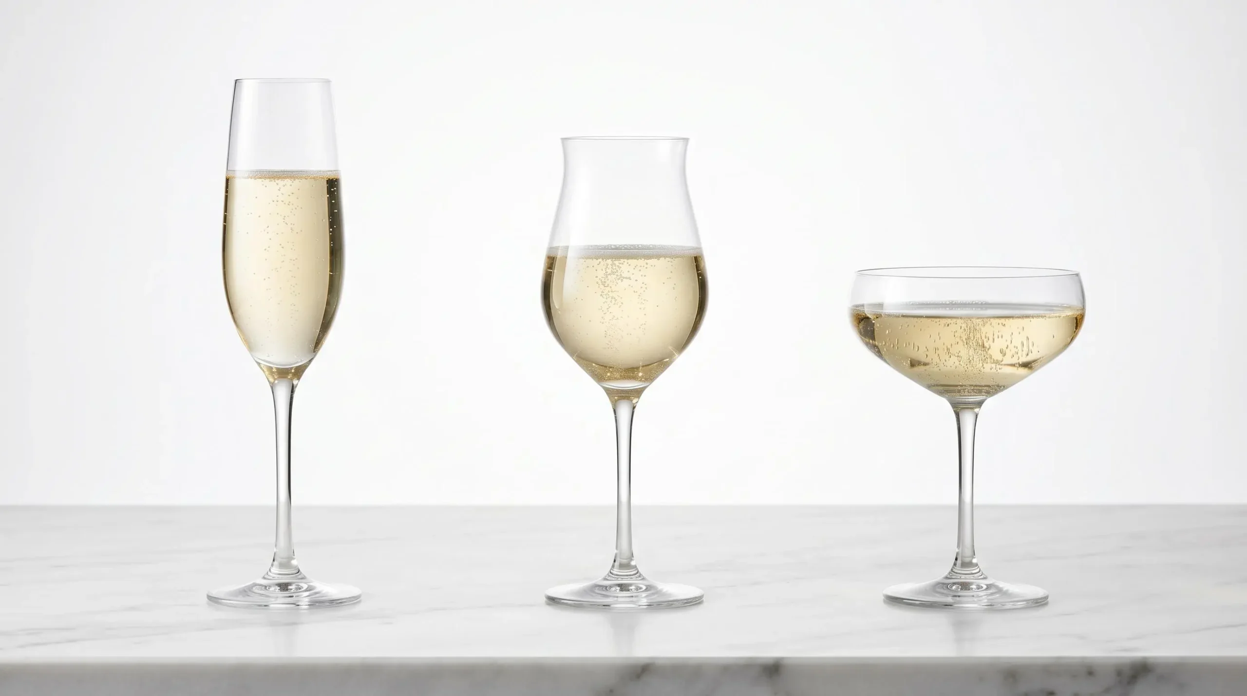 Trois verres à champagne de formes différentes alignés sur comptoir en marbre blanc : flûte étroite à gauche, verre tulipe au centre, coupe large à droite, tous remplis de champagne avec bulles visibles, vue de profil