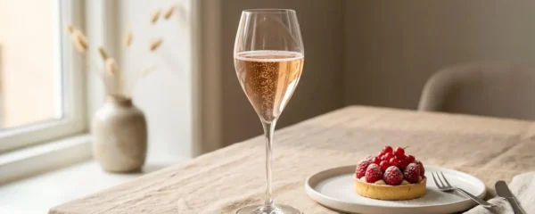 Verre tulipe en cristallin rempli de champagne rosé posé sur une table beige claire à côté d'une petite tarte aux fruits rouges, éclairage naturel latéral créant des ombres douces