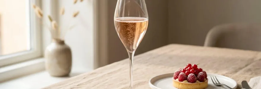 Verre tulipe en cristallin rempli de champagne rosé posé sur une table beige claire à côté d'une petite tarte aux fruits rouges, éclairage naturel latéral créant des ombres douces